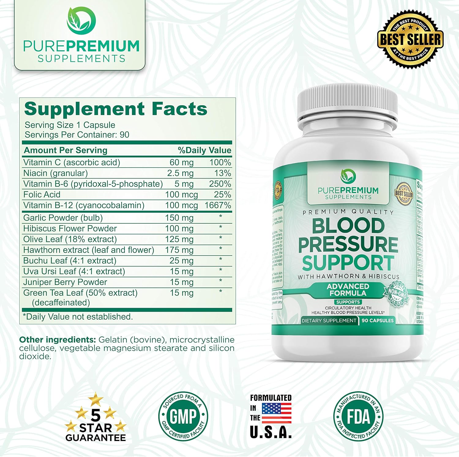 Premium Blood Pressure Support Supplement by PurePremium with Hawthorn & Hibiscus - Natural Anti-Hypertension for Cardiovascular & Circulatory Health - Vitamins & Herbs Promote Heart Health - 90 Caps: Health & Personal Care