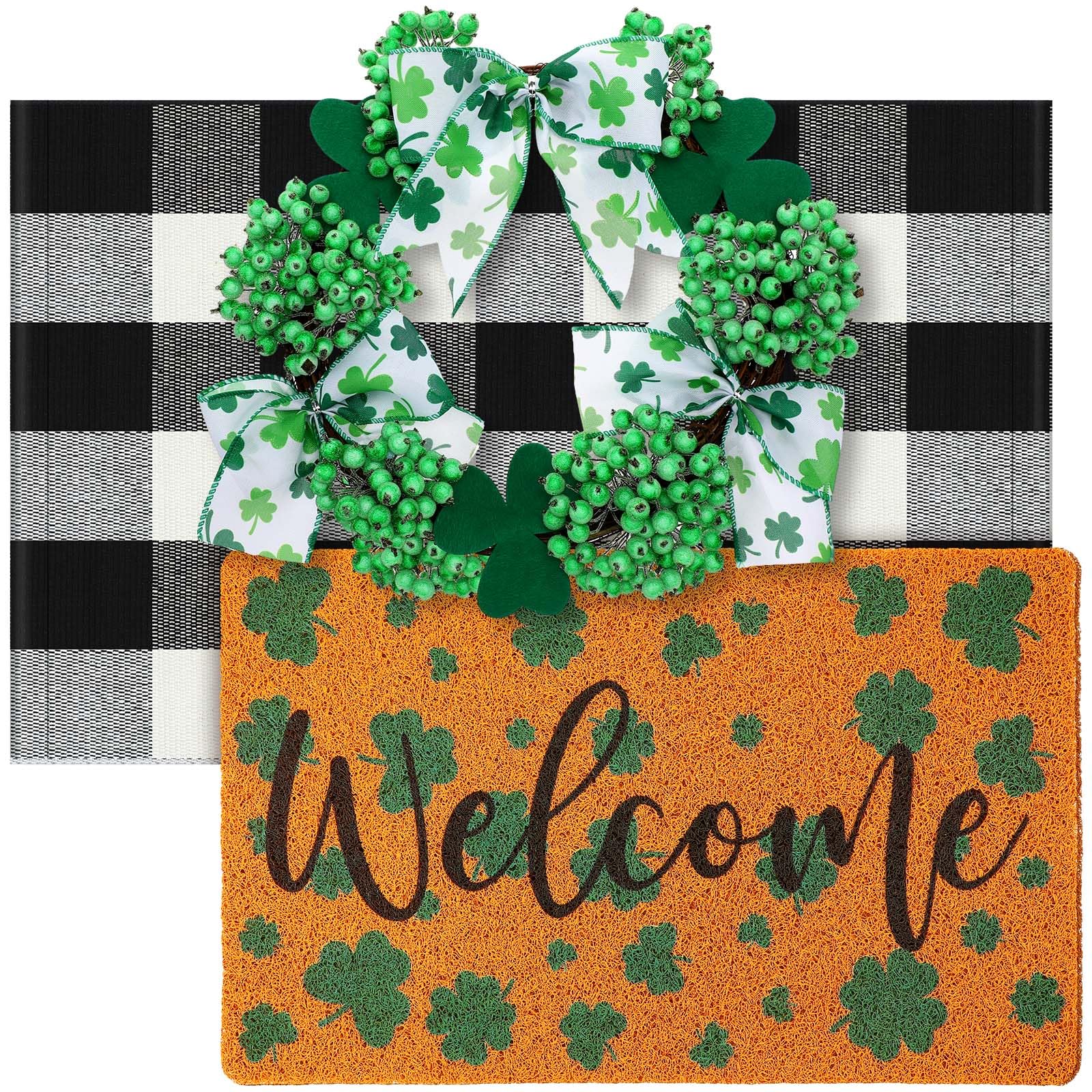 Timgle St. Patrick's Day Doormat Set Include 2 Black and White Cotton Buffalo Plaid Check Rug Non Slip Imitation Coir Welcome Shamrock Doormat and 1 Shamrock Wreath with Bow for Home Indoor Front Door