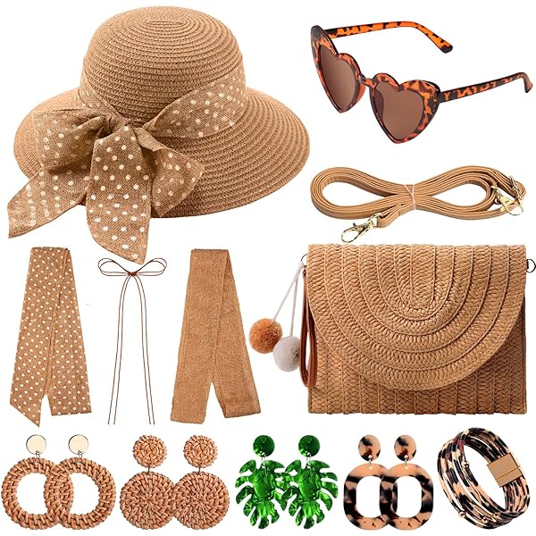 Casuallined 5 Pcs Women Straw Beach Hat Set with Straw Beach  display picture 1