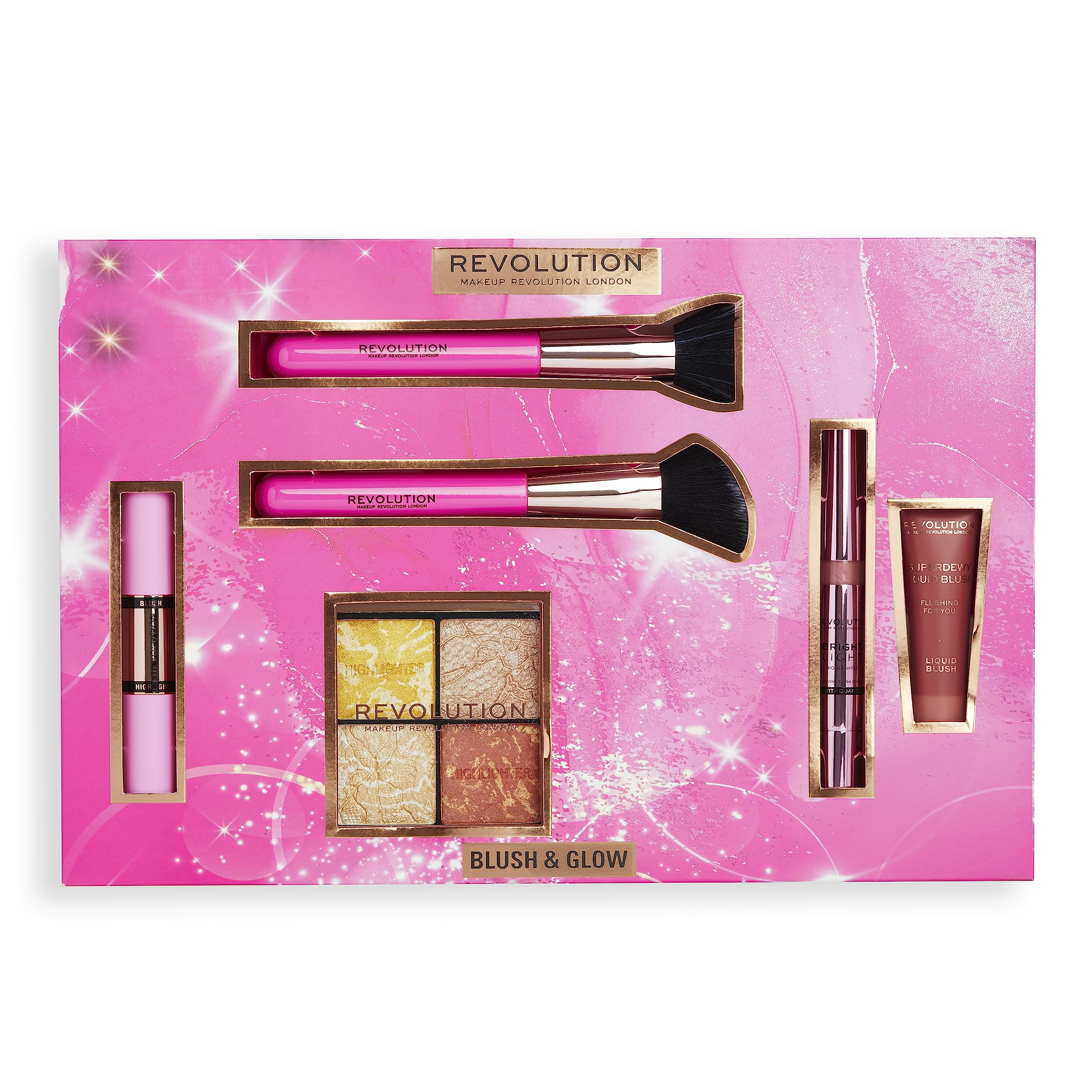 Makeup Revolution Blush & Glow Gift Set, Liquid Blushes, Highlighters & 2 Brushes Included