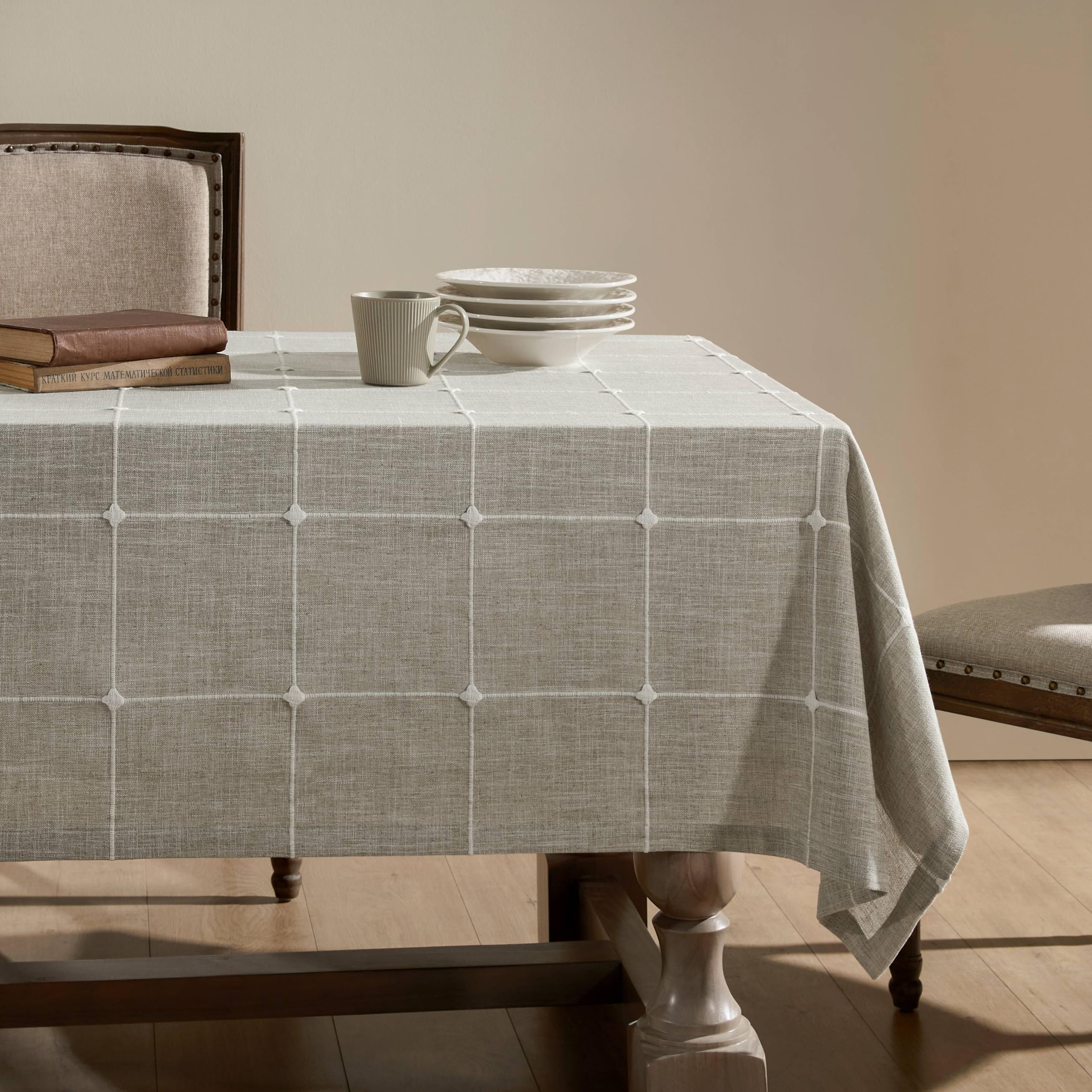 Photo 1 of ZeeMart Grid Embroidered Hemmed Tablecloths, Raw Linen 52x70 Inch, Farmhouse Style Heavy Weight Cotton Linen Beige Tablecloths, Boho Plaid Water Resistant Rectangle Table Cloth