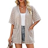 Blooming Jelly Womens Crochet Beach Cover Up Kimono Short Sleeve Swimsuit Coverup Open Front Summer Cardigan with Pockets