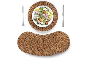 (4 Sizes: 12"-13"-14"-15") BARIEN Brown Woven Placemats Round Natural Water Hyacinth Weave Large Handmade Heat Resistant Non-Slip for Dining Table (12" - Set of 6)