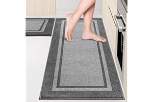 ANLLUGS Kitchen Rugs Set (24" x 36"+24" x 60"), Non-Slip Machine Washable Kitchen Runner Rugs Floor Mats, Absorbent Comfort Standing Mat for Kitchen, Sink and Hallway, Rolled Packaging, Light Grey & Dark Grey