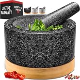 PriorityChef Heavy Duty Mortar and Pestle Set with Bamboo Base, 100% Natural Granite Stone Grinder, Guacamole Bowl and Masher
