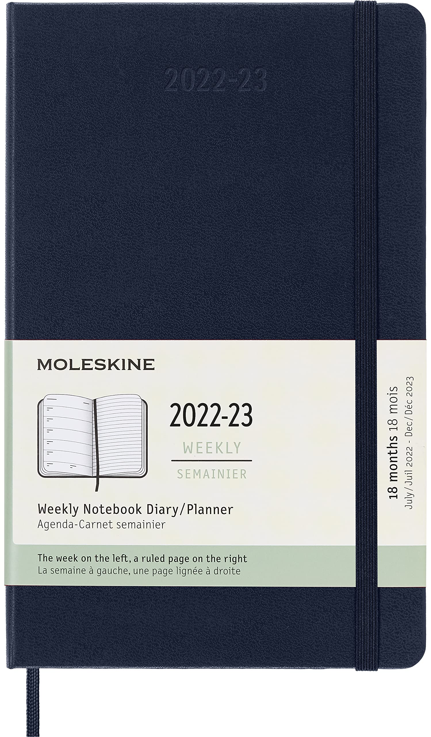 Moleskine - 18-Month Weekly Planner/Diary, Weekly Planner 2022/2023, Weekly Notebook with Hard Cover and Elastic Closure, Size Large 13 x 21 cm, Colour Sapphire Blue