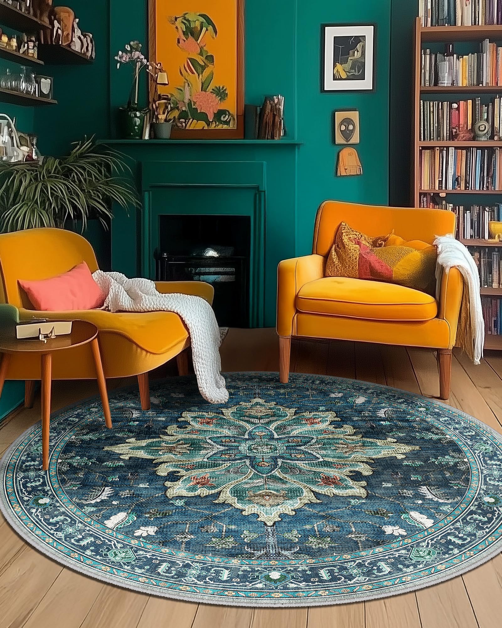 Photo 1 of RELEANY Area Rugs 6ft Washable Non-Slip, Floral Vintage Distress Print Pattern Medallion Carpet for Living Room Bedroom Dining Room, Teal Green Lake Blue Turquoise