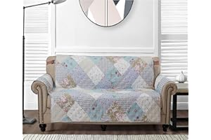 Brilliant Sunshine Blue and Green Rose Patchwork Couch Cover, Quilted Oversized Loveseat Slipcover, 54" Seat Width, Slip Resistant Furniture Protector, 2" Strap, Washable, for Pets, Kids, Blue Green