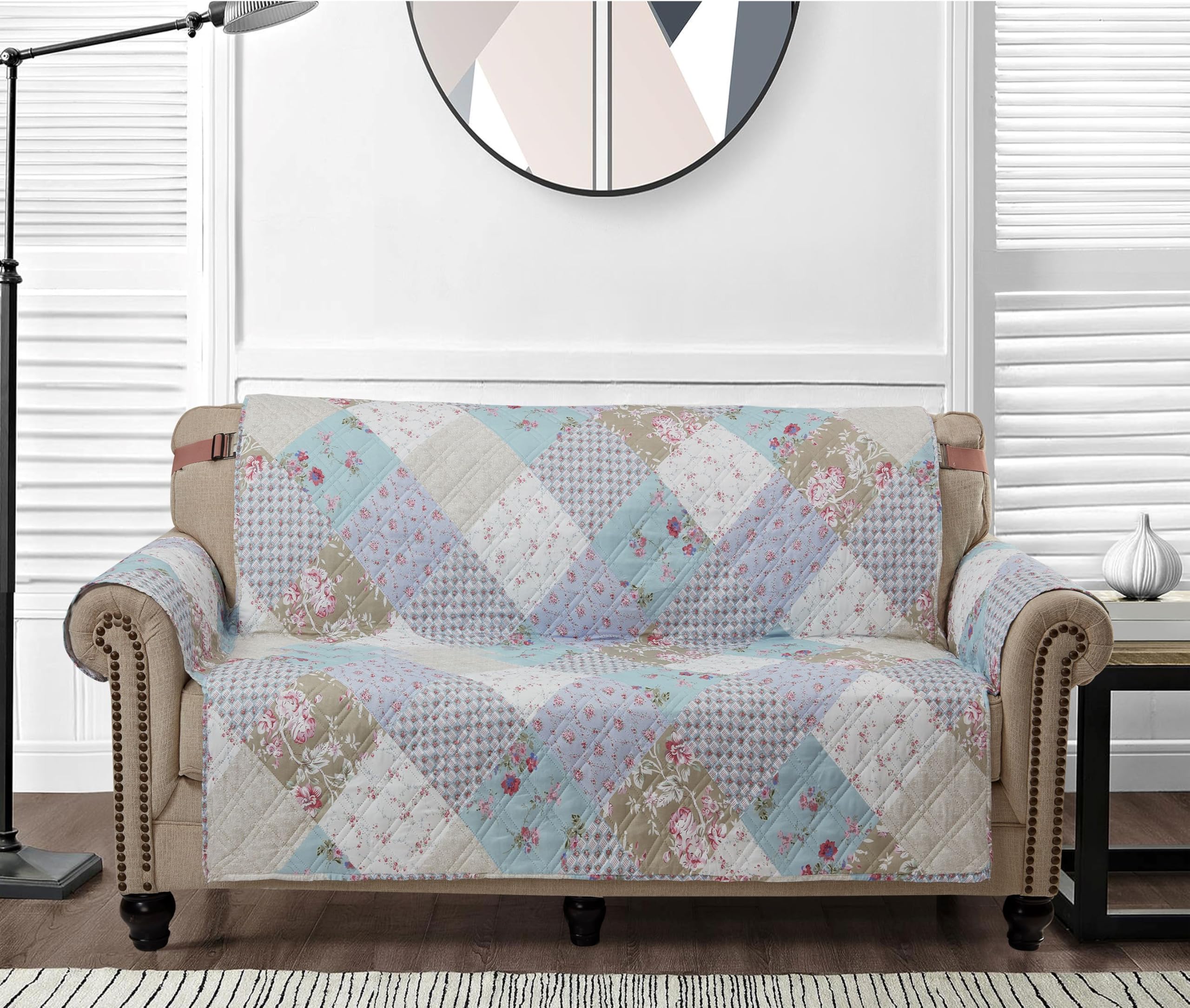 Photo 1 of Brilliant Sunshine Blue and Green Rose Patchwork Couch Cover, Quilted Oversized Loveseat Slipcover, 54" Seat Width, Slip Resistant Furniture Protector, 2" Strap, Washable, for Pets, Kids, Blue Green