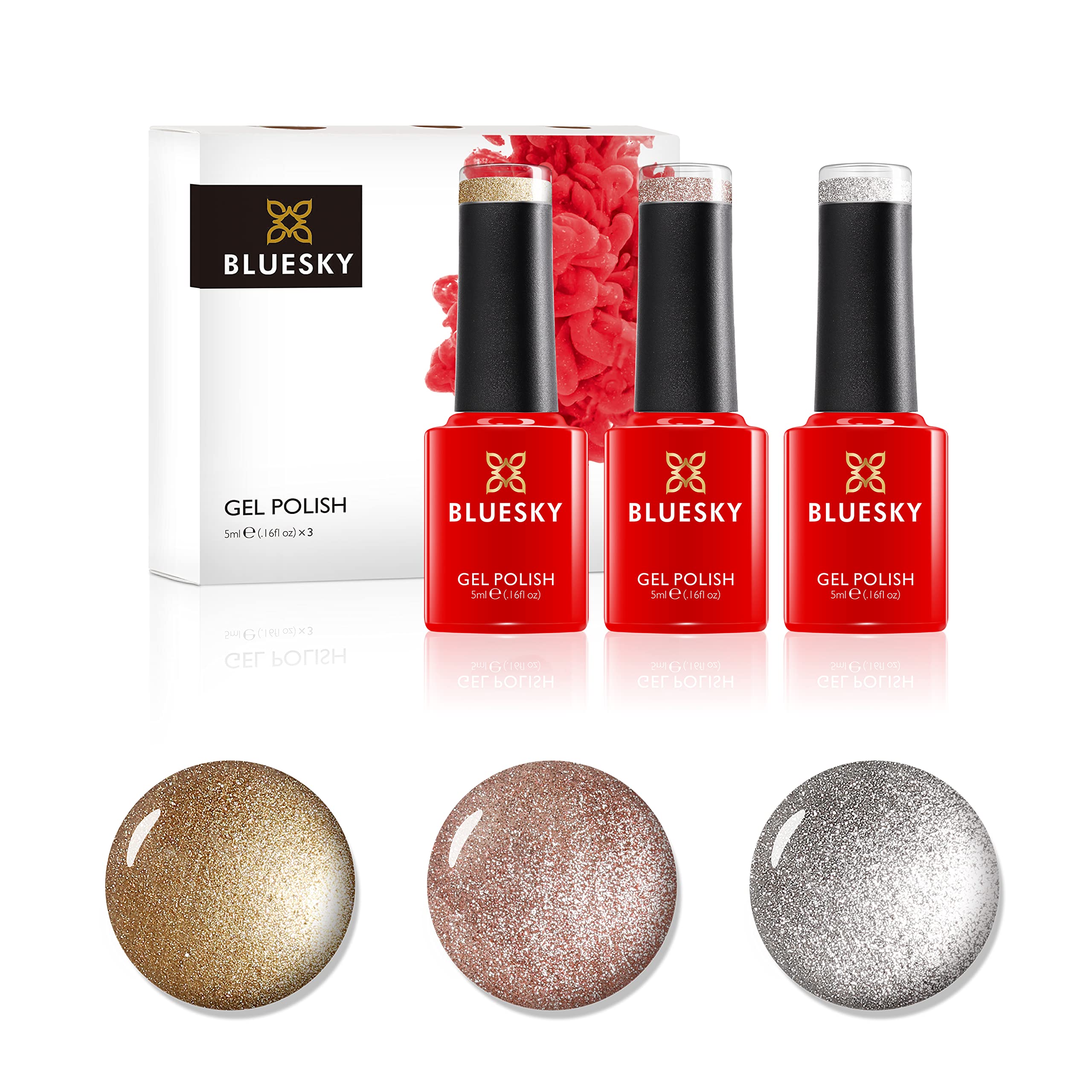 Bluesky Gel Nail Polish Set, Metallics, Silver Glitter A018, Locket Love 80582, Chiffon Twirl 80589, 3 x 5 ml, Gold, Silver (Requires Curing Under UV or LED Lamp)