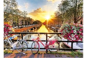 SiTimmGer Puzzles for Adults Jigsaw 500 Piece Spring Flower Quiet River Sunrise Picturesque Amsterdam with Bicycles Landscape 500 Piece Puzzle Art for Family Fun Adult Kids Puzzle Games 14.5" x 20”
