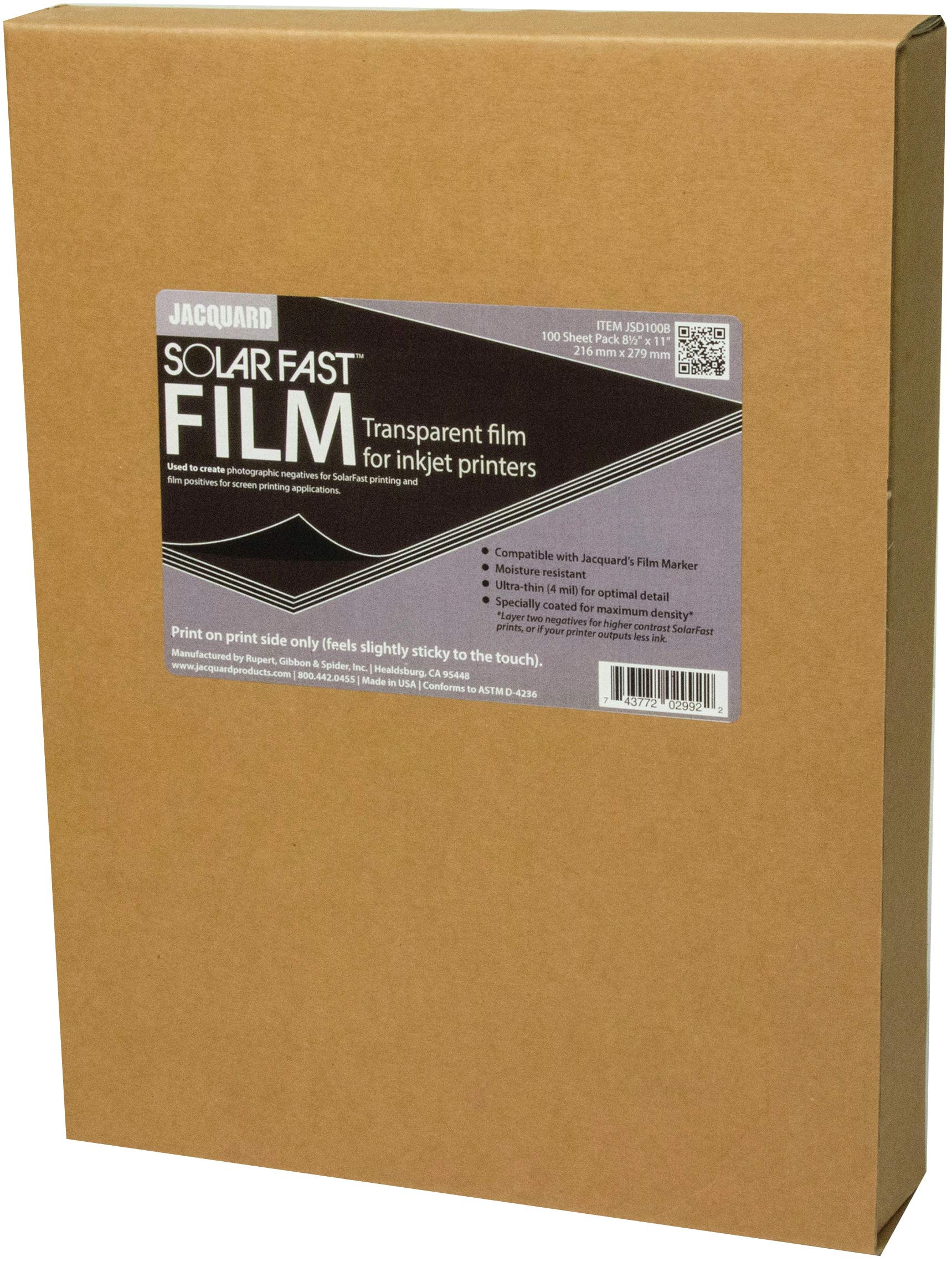 Jacquard Solarfast Film for Inkjet Printers, Creates High Contrast Photo Negatives, Use with Screen Printing or Cyanotype Art, 100 Transparency Craft Sheets, 8.5 x 11 Inch
