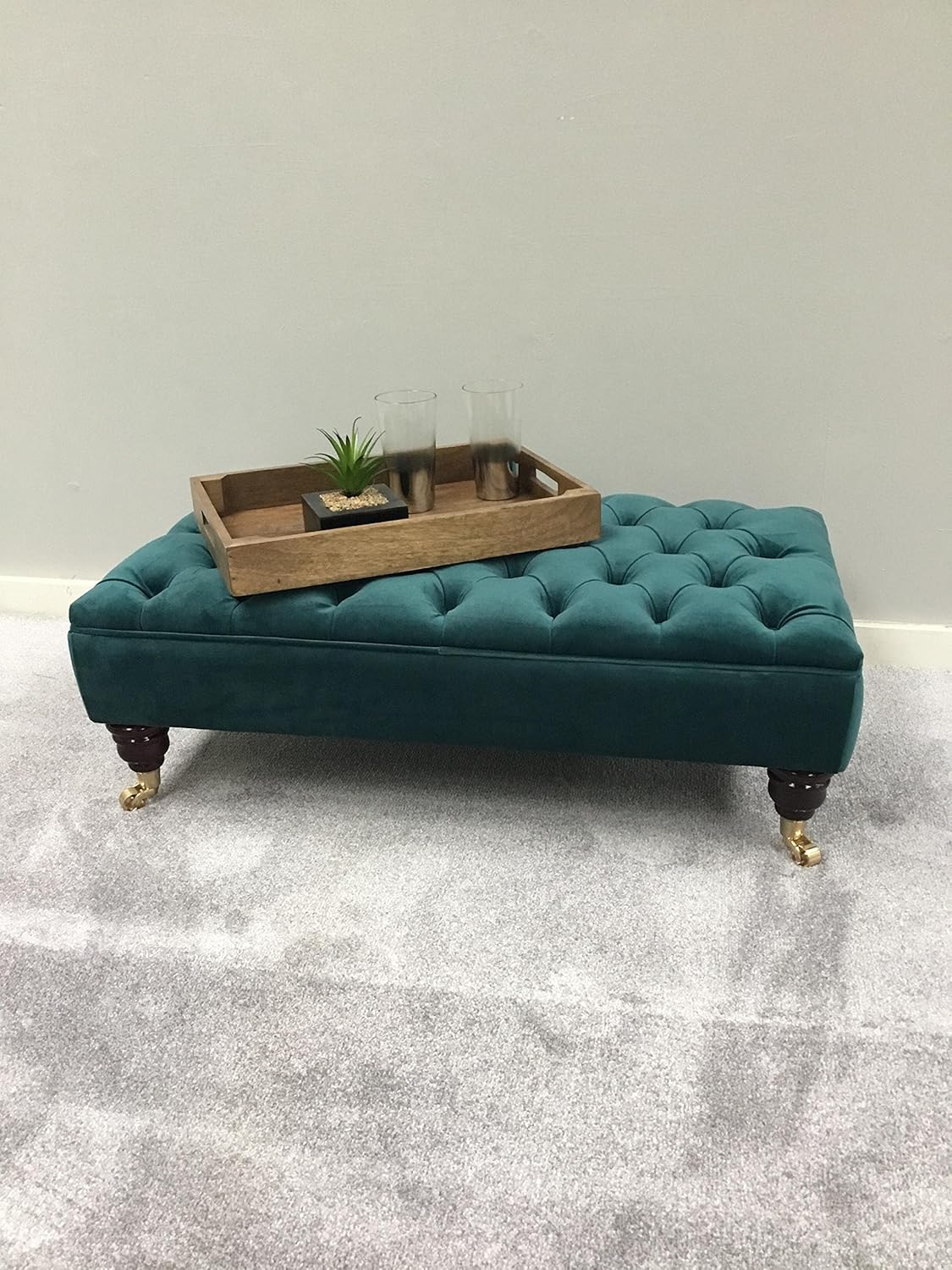 Chesterfield Footstool Plush Velvet Kingfisher Green Deep Buttoned