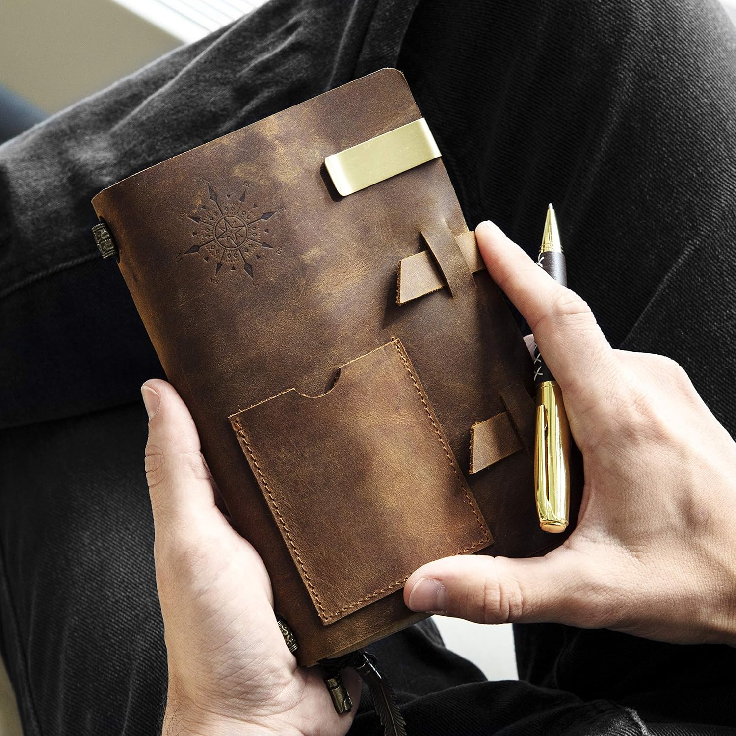 Leather Journal Handmade Travel Notebook - Medium Size 7 x 4.8 inch Vintage Antique Diary Writing Notepad for Men & Women, Refillable Lined Paper, Luxury Gift Set with Golden Classic Pen : Office Products