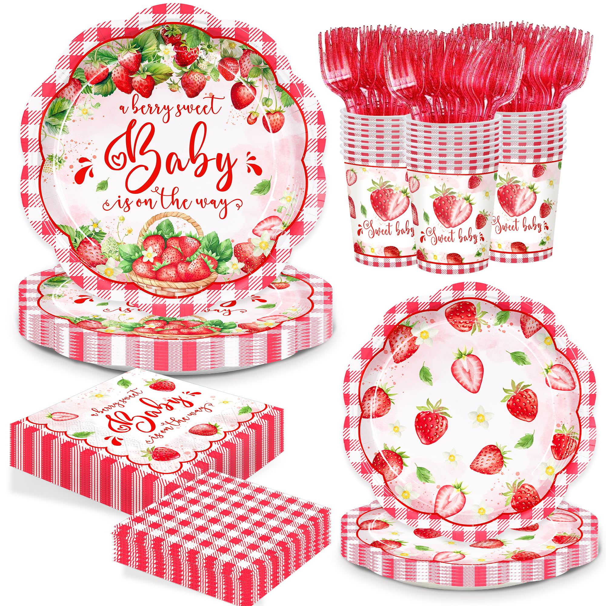 Photo 1 of 150pcs Strawberry Baby Shower Plates Napkins Party Supplis Disposable Paper Cups Red Forks A Berry Sweet Baby is on the Way Decorations Tableware Set for Girls Party Decor Serves 25 Guests