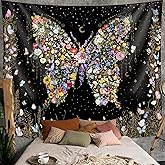 Damanse Butterfly Tapestry Wall Hanging Cute,Boho Wall Tapestry for Bedroom Aesthetic,Flower Living Room Decor for Teen Girls (Black, 49.20