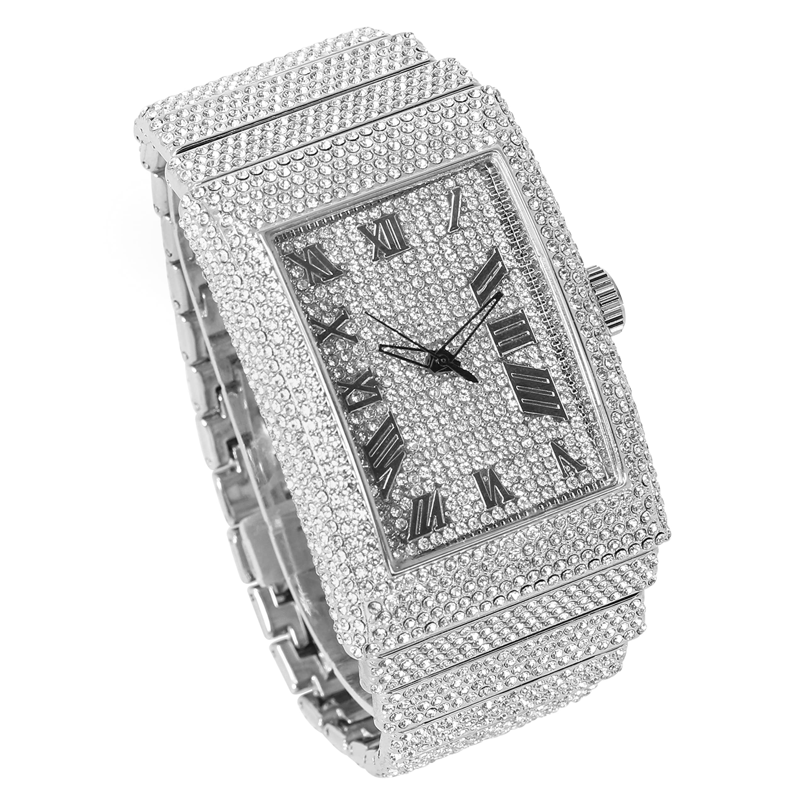 Men's Iced Diamond Watch with Stunning Crystals,Bling-ed Dial with Roman Hour Indicators,Rectangle Case,Fully Adjustable Metal Band,14k Gold Tone & Silver Tone Finish, SILVER, mens-standard, Casual