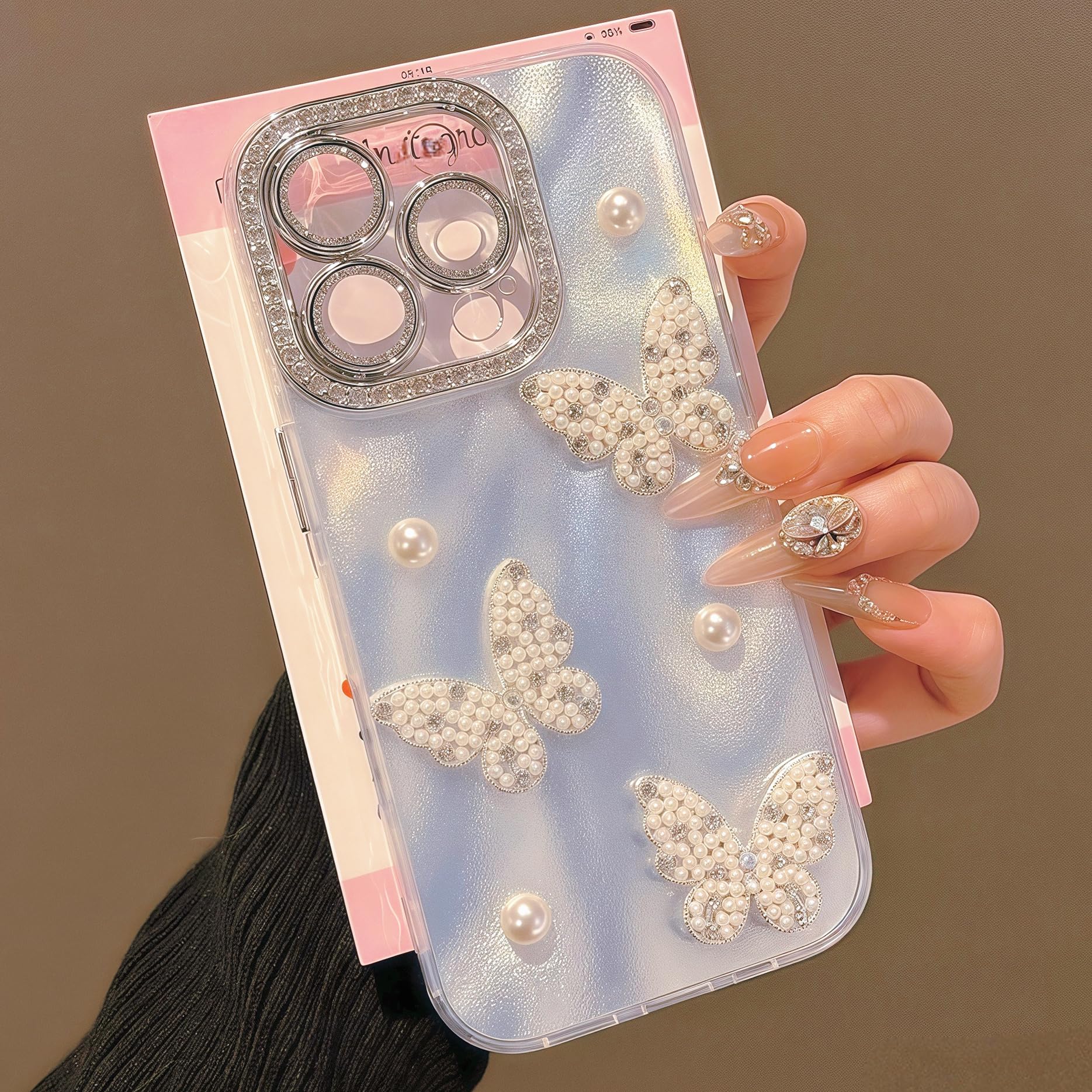 NEALINU for iPhone 16 Pro Max Case Cute Bling for Women Girls, Luxury 3D Butterfly Design Shiny Glitter Rhinestone Pearl Camera Shockproof Protective Phone Case (Silver, iPhone 16 Plus)