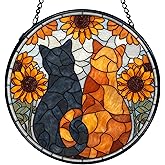 TNUW Cat Sunflower Stained Glass Window Hanging, Black Orange Cat Sunflower Suncatchers Indoor Window Glass Round Wall Art Decor, Cottagecore Floral Kitten Wall Hanging Decorations, 7.9＂x7.9＂