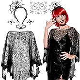 5 Pcs Halloween Spiderweb Costumes Accessories for Women, Spider Web Poncho Lace Spiderweb Hair Hoop Halloween Spider Tattoo Temporary Face Tattoo Spider Necklace Spider Earrings for Cosplay Party