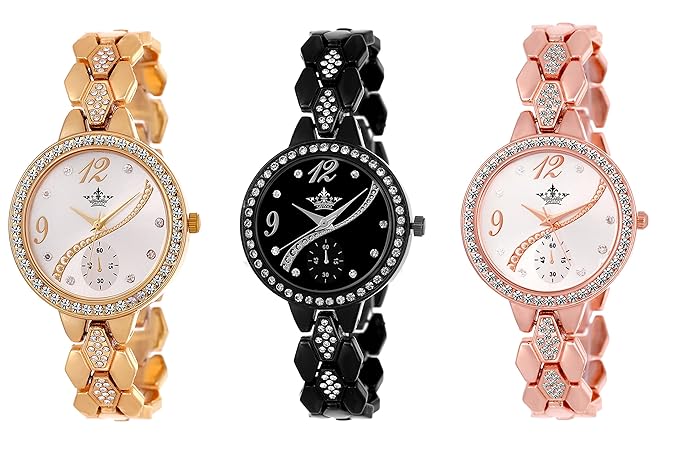 Combo of 3 Golden, Black and Rose Gold Stone Studded Analog Watch for Women