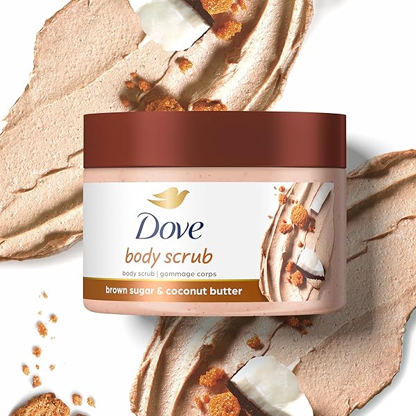 DOVE SCRUB BROWN SUGAR & COCONUT BUTTER FOR SILKY SMOOTH SKIN BODY SCRUB EXFOLIATES & RESTORES SKIN’S NATURAL NUTRIENTS 10.5 OZ