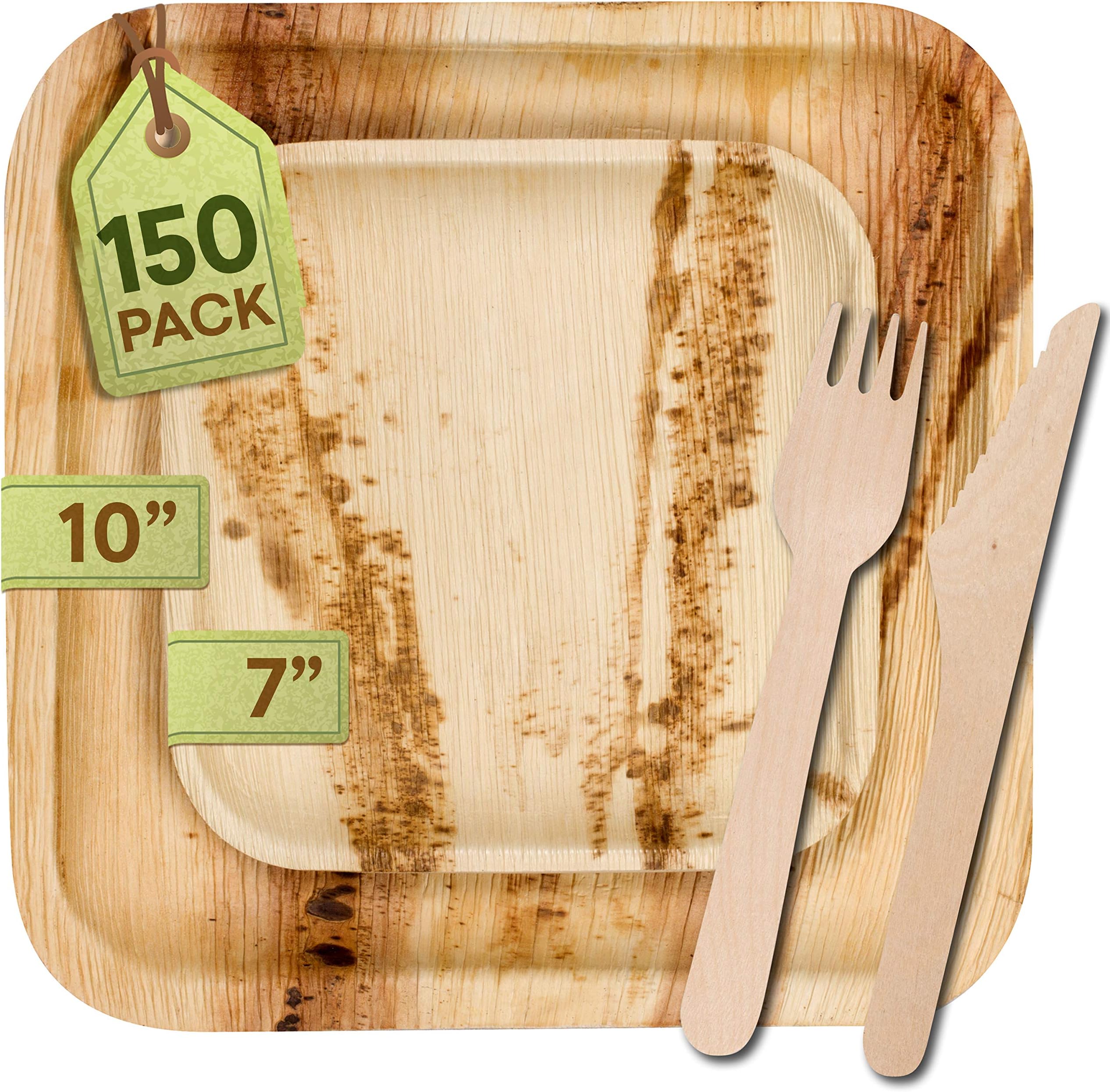 [150 Pack] Eco-Friendly Palm Leaf Plates - Like Bamboo Plates Disposable - Compostable and Biodegradable Square Plates and Cutlery Set - 25 x 10” Plates, 25 x 7” Plates, 50 Wood Forks, 50 Wood Knives