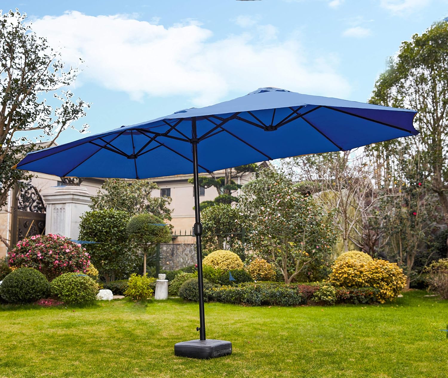 Amazon Com Romayard 15x9 Ft Double Sided Patio Umbrella Aluminum Garden Large Rectangular Umbrella With Crank For Market Camping Swimming Pool Blue Garden Outdoor