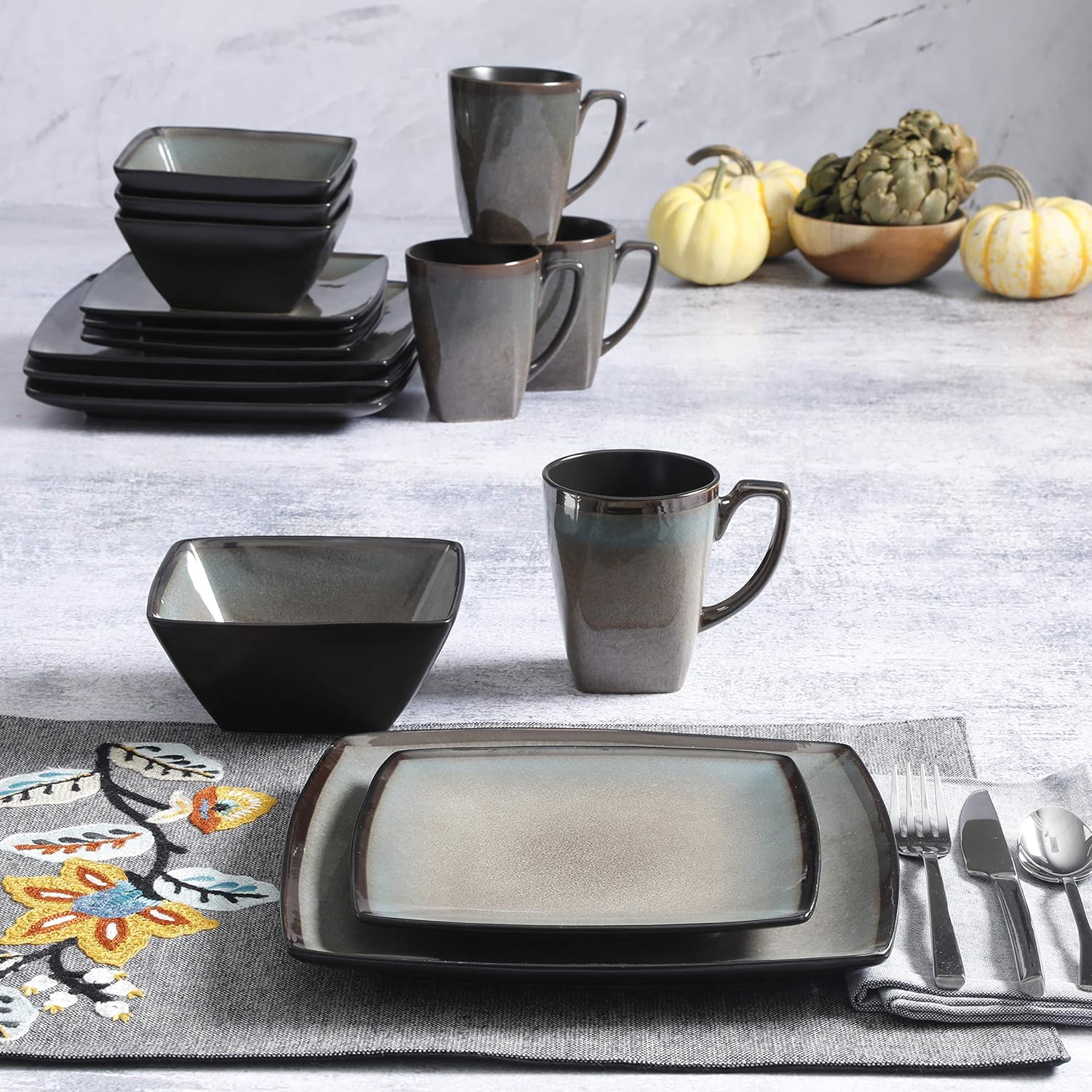  | Gibson Elite Tequesta Square Reactive Glaze Stoneware Dinnerware Set, Service for 4 (16pcs), Taupe: Dinnerware Sets