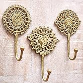 Indian Shelf 3 Brass Gold Decorative Wall Hooks Boho Key Holder Wall Mount- Shabby Chic- Unique Coat Rack- Gold Vintage Hooks for Hanging- Hat Rack- Towel Holder- Purse Hanger
