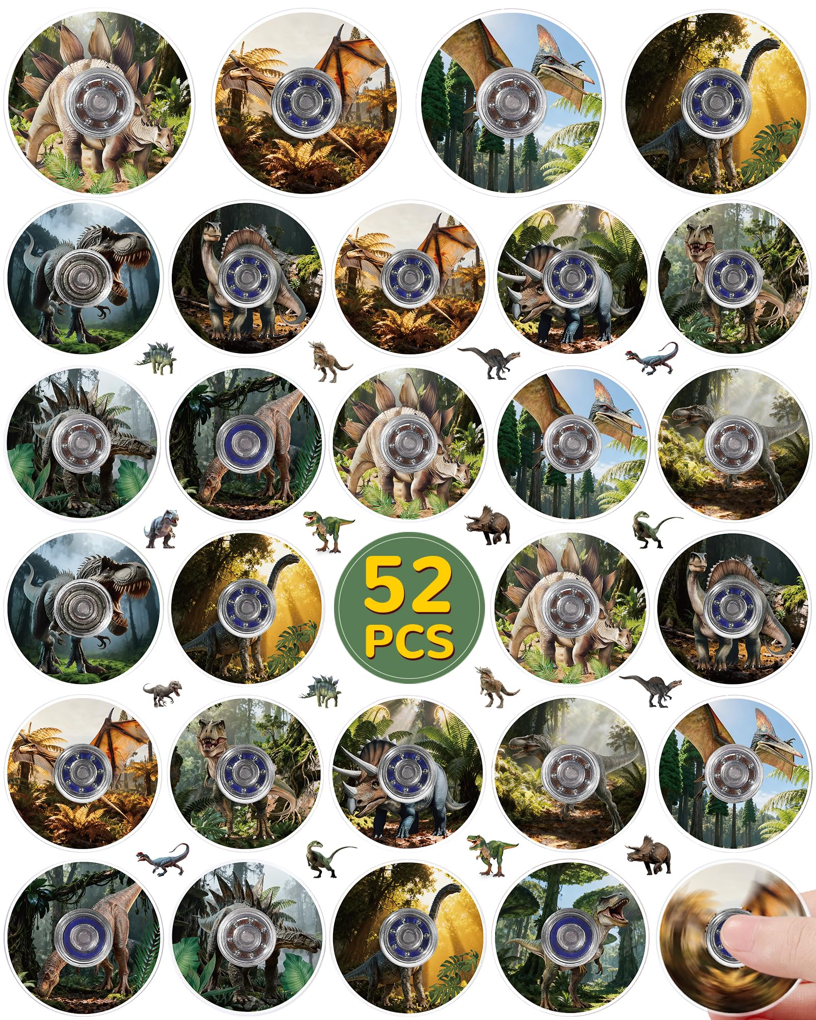 SCIONE 52pcs Mini Jurassic Dinosaur Fidget Spinners, Durable Plastic, Smooth & Quiet Sensory Toys for Kids/ADHD/Autism - Party Bag Fillers, Classroom Rewards, Birthday Gifts, Stress Relief