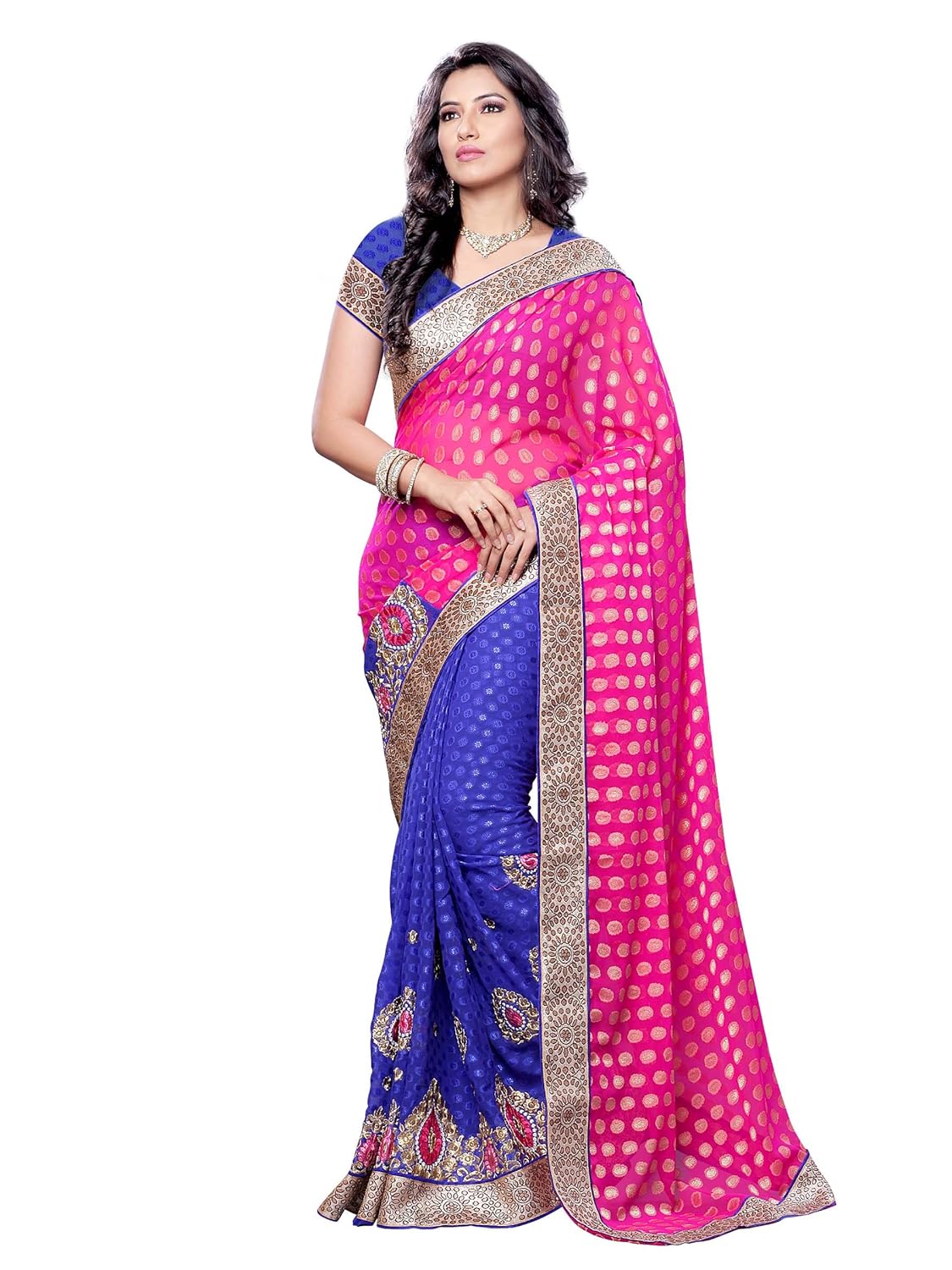 womanista women's embroidered faux crepe saree with blouse piece
