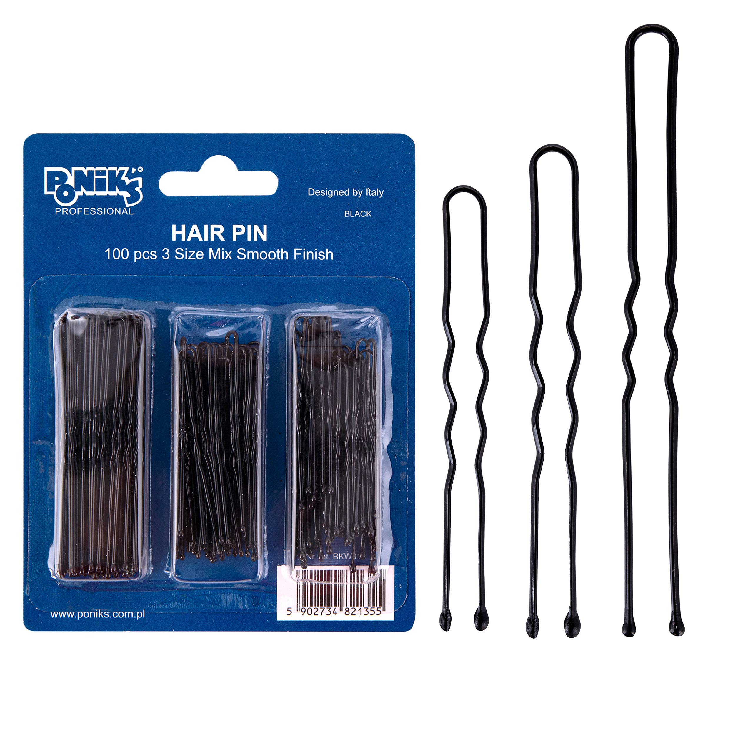 Ponik's Metal Hair Pins 3 Sizes - Bobby Pins U Shape - Black - Pack of 100