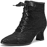ErikenUrben Women Victorian Lace up Ankle Boots Ribbon Pointed Toe Vintage Booties