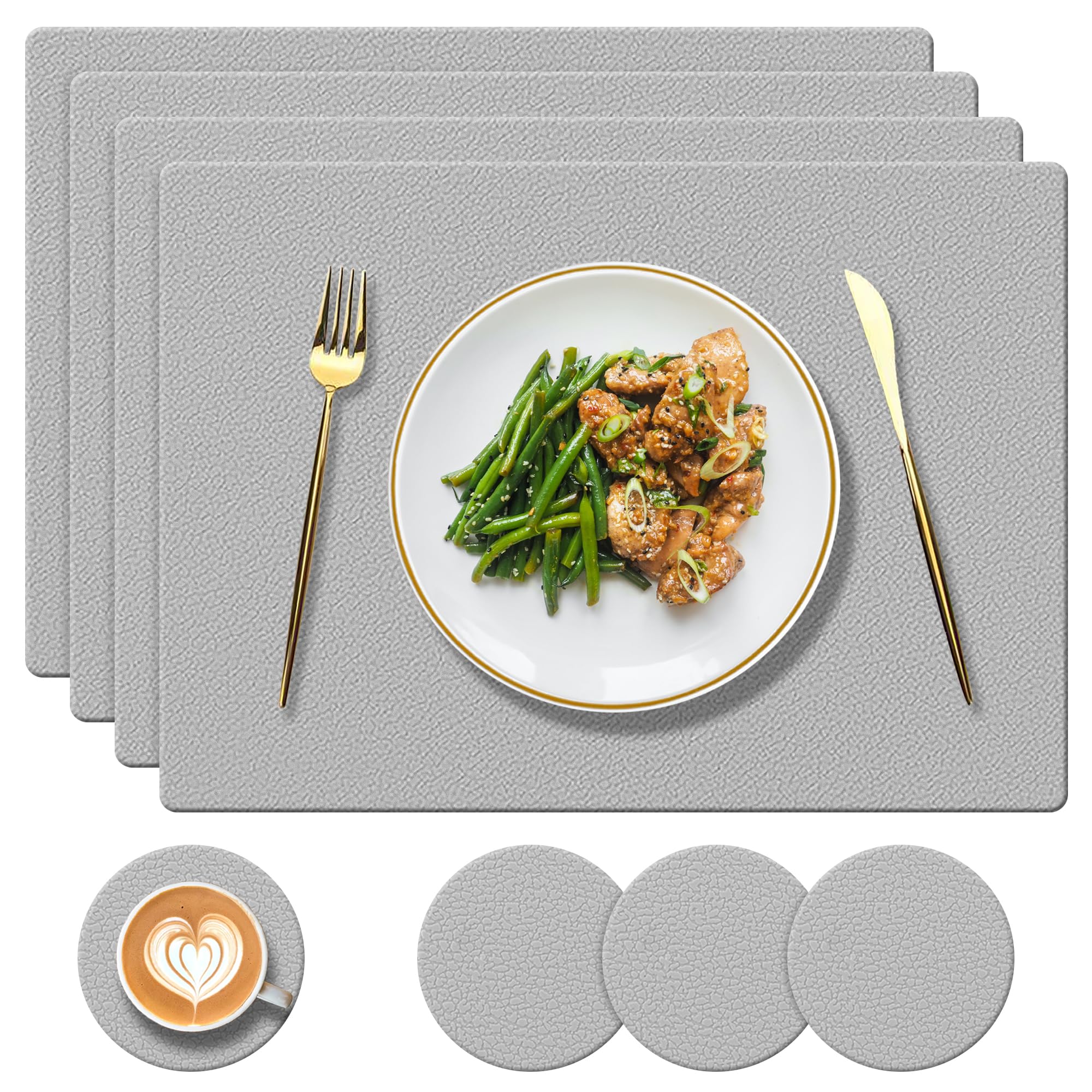 YUNJUER 4 Silicone Tablemats + 4 Coasters, Heat Resistant 450 °F, Washable and Waterproof Placemat, Easy to Clean, Place Mats for Kitchen, Restaurant, Hotel, Dining Room, Light Grey