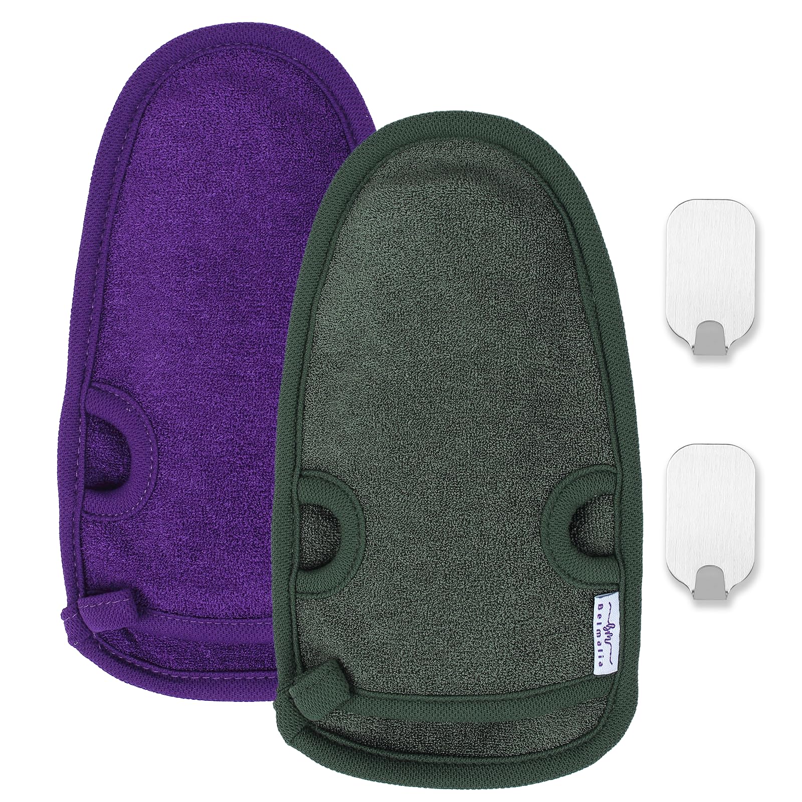 Belmalia 2x Natural Plant Fibre Exfoliating Mitt | Body Scrubber Glove, Dead Skin Remover For Body | Rejuvenating Bath Sponge for Hamam, Spa| Body Scrub Bath Mitts with 2 Metal Hooks | Purple + Green