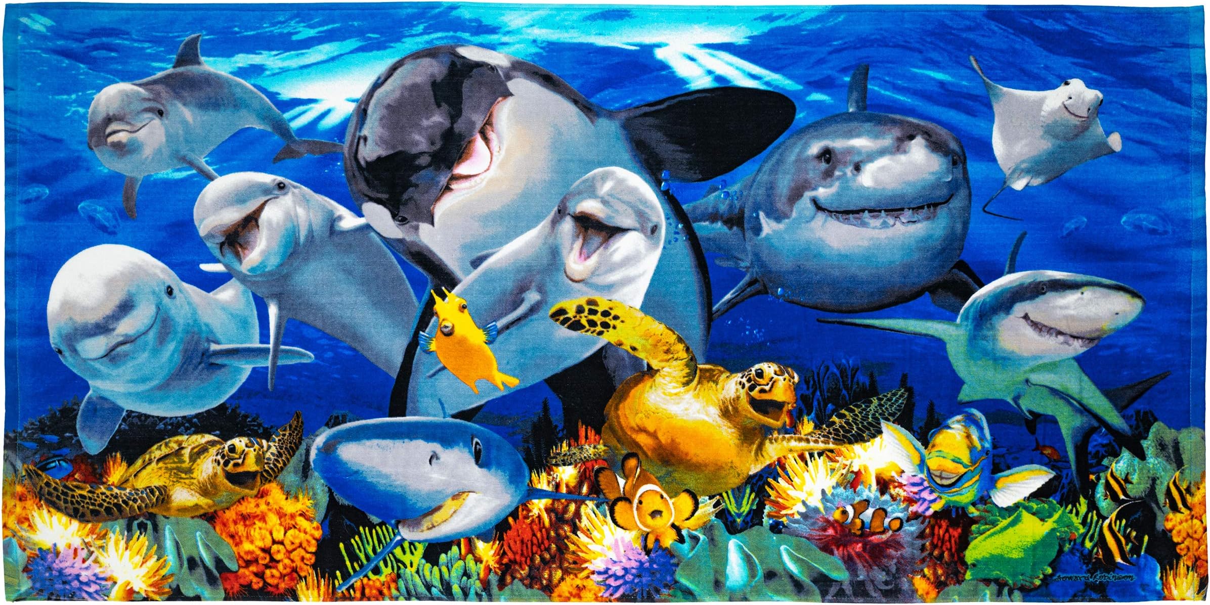 Dawhud Direct Ocean Animals Beach Towel for Kids, Girls, Boys, Men, Women, Dolphin Shark Turtle Whale Bath Towel Print 30" x 60" Pool Towel Super Soft Plush Cotton Dolphin Shark Turtle Whale Towel