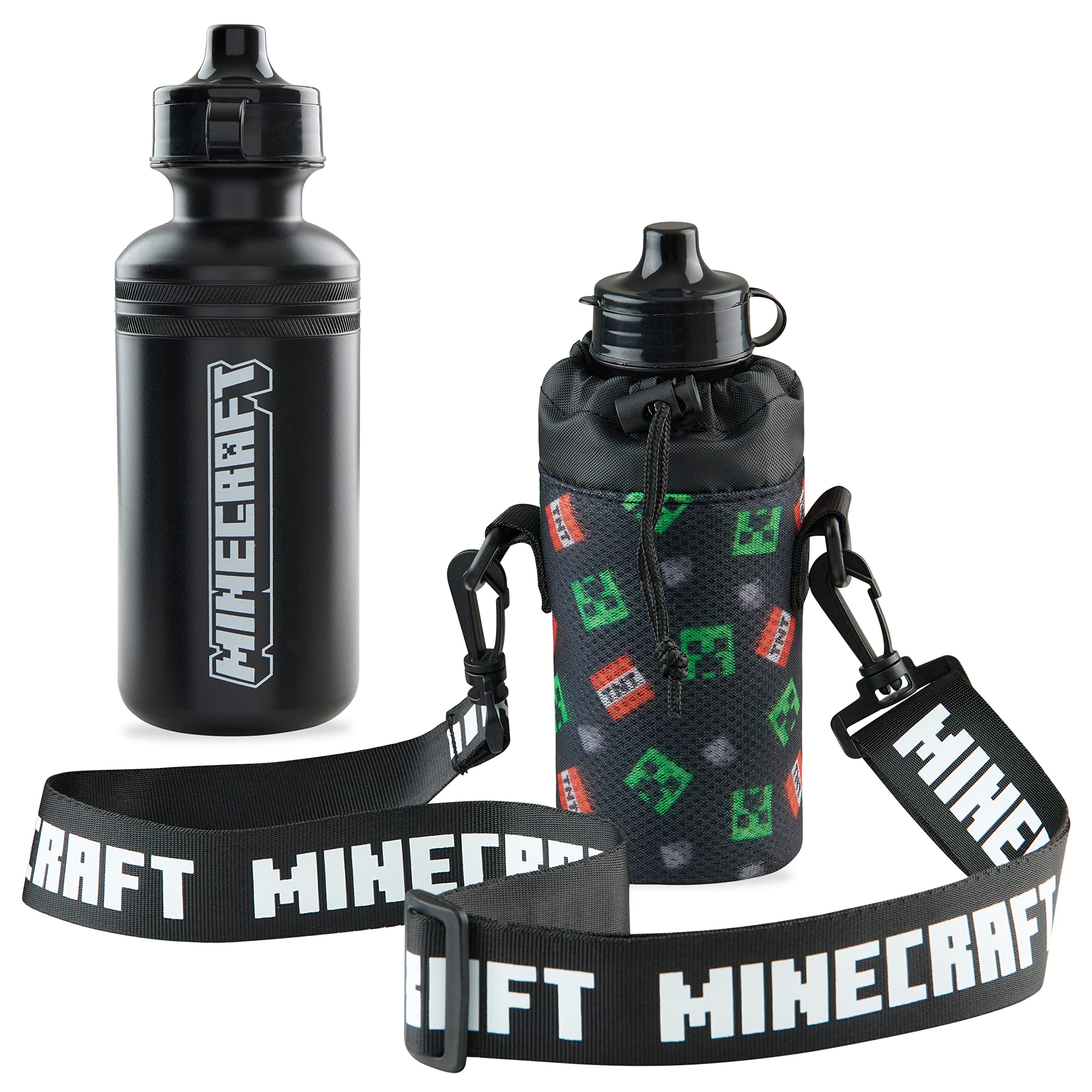 Minecraft Kids Water Bottles with Adjustable Strap Bottle Holder 550ml Plastic Boys Water Bottle Creeper BPA Free Sports School Reusable Bottle Kids Drink Bottle
