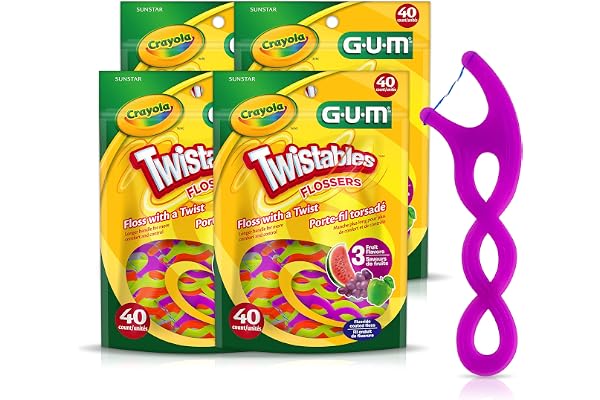 GUM Crayola Twistables Fluoride Coated Flosser Picks, Floss with a Twist, Longer handle for More Comfort and Control, 3 Fruit