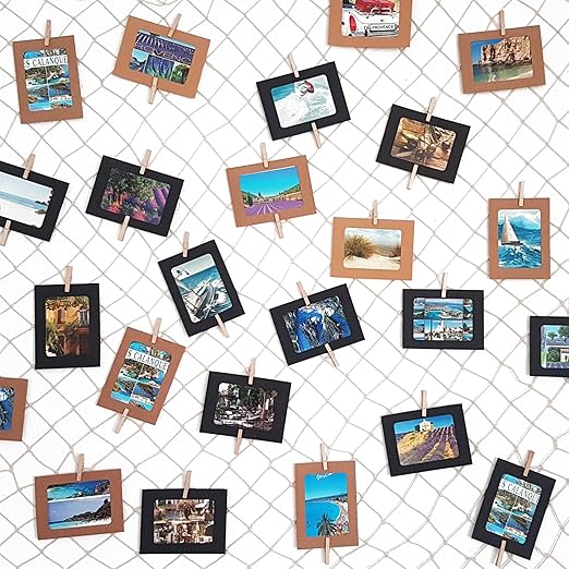 LeTOMA – Fotonetz 2x1m aus 100% Baumwolle ideal um Fotos aufzuhängen – 50 stabile Holzklammern (5cm lang), 20 dezente weiße S