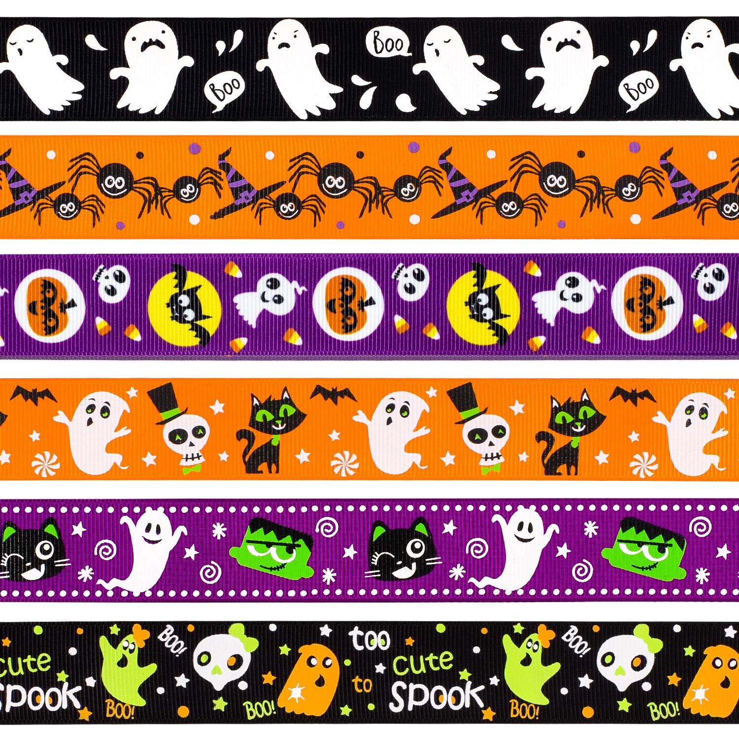 Whaline 6 Assorted Halloween Ribbons, 12 Yards (6 x 2 Yards) Grosgrain Satin Fabric Ribbon for DIY Crafts, Holiday Gifts Wrapping, Halloween Party Decoration, 25mm Wide