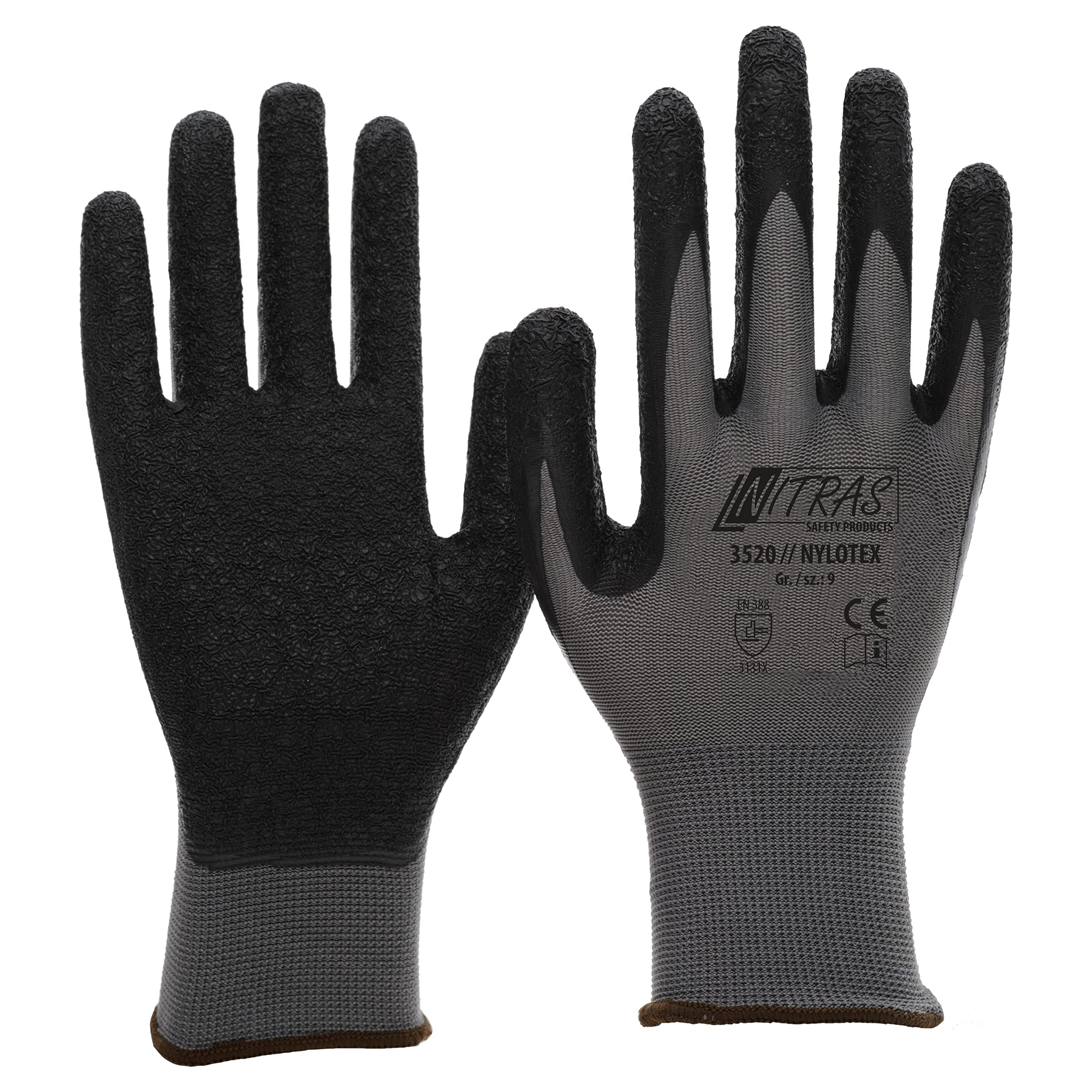 Nitras Nylotex 3520 Nylon Latex Work Gloves 12 Pairs, grey/black, Manufacturer size : 7