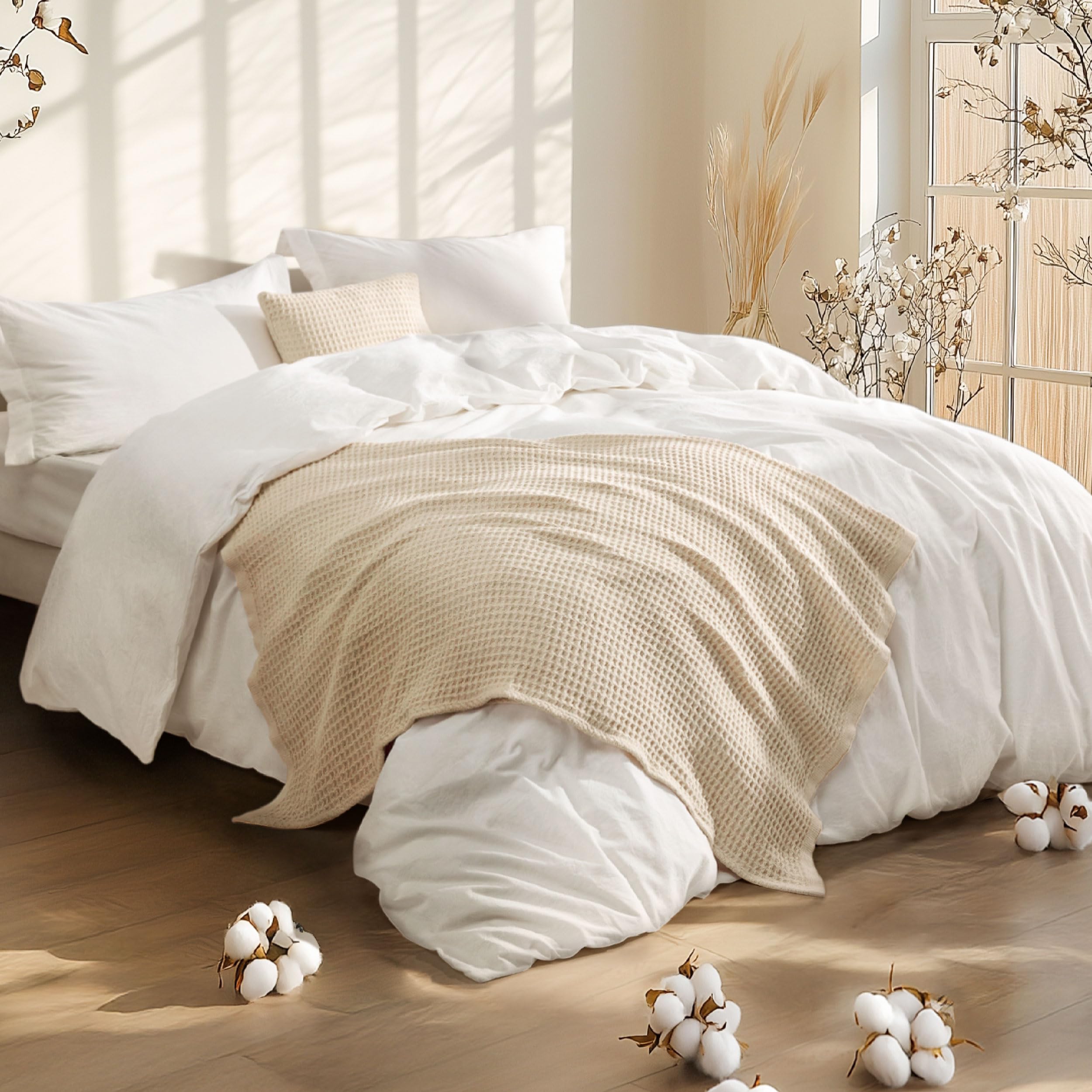Photo 1 of Bedsure 5 Pieces Cotton Comforter Set with Waffle Throw Blanket - Soft Breathable Bedding Set for All Seasons, White Comforter King Size, Pillow Shams, Beige 100% Cotton Blanket, Throw Pillow