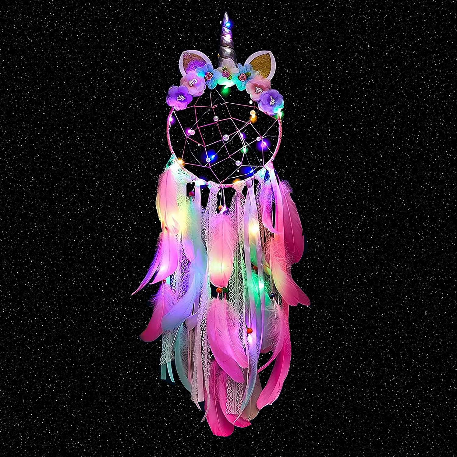 SoulQool Unicorn Dream Catcher with Lights,Colorful Feather Handmade Dream Catchers Flowers for Girls Kids Nursery Bedroom Wall Hanging Decor (Pink with colorful lights)