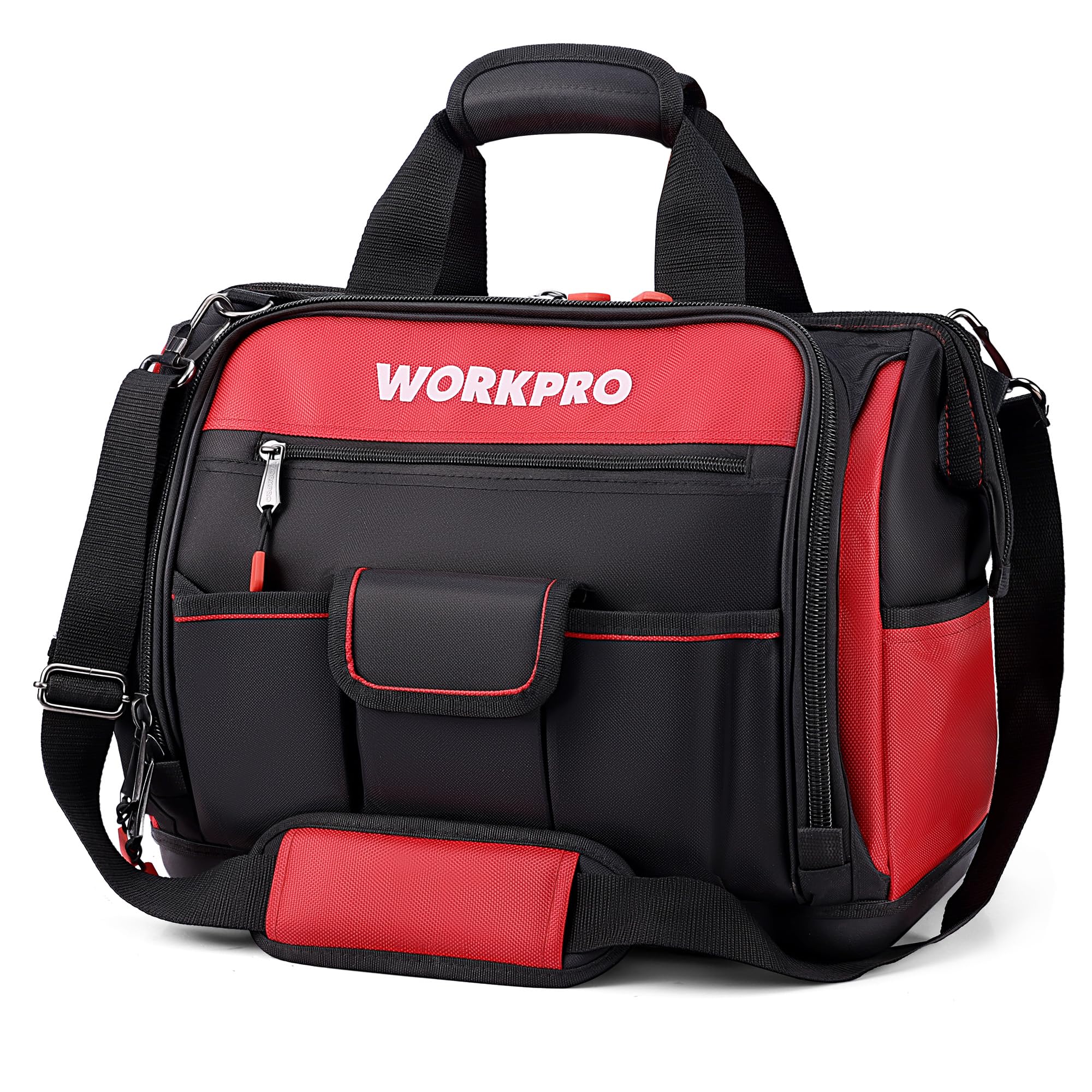 WORKPRO 16-Inch Tool Bag, Heavy Duty Tool Storage Organizer with Waterproof Hard Base, Wide Mouth Open Large Capacity, 39 Pockets with Elastic and Hook, Perfect for Tradesman, Electrician, Repairman