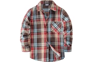 JOGAL Boys Plaid Shirt Long Sleeve Kids Button Down Shirts with Pocket for 6-14 Years