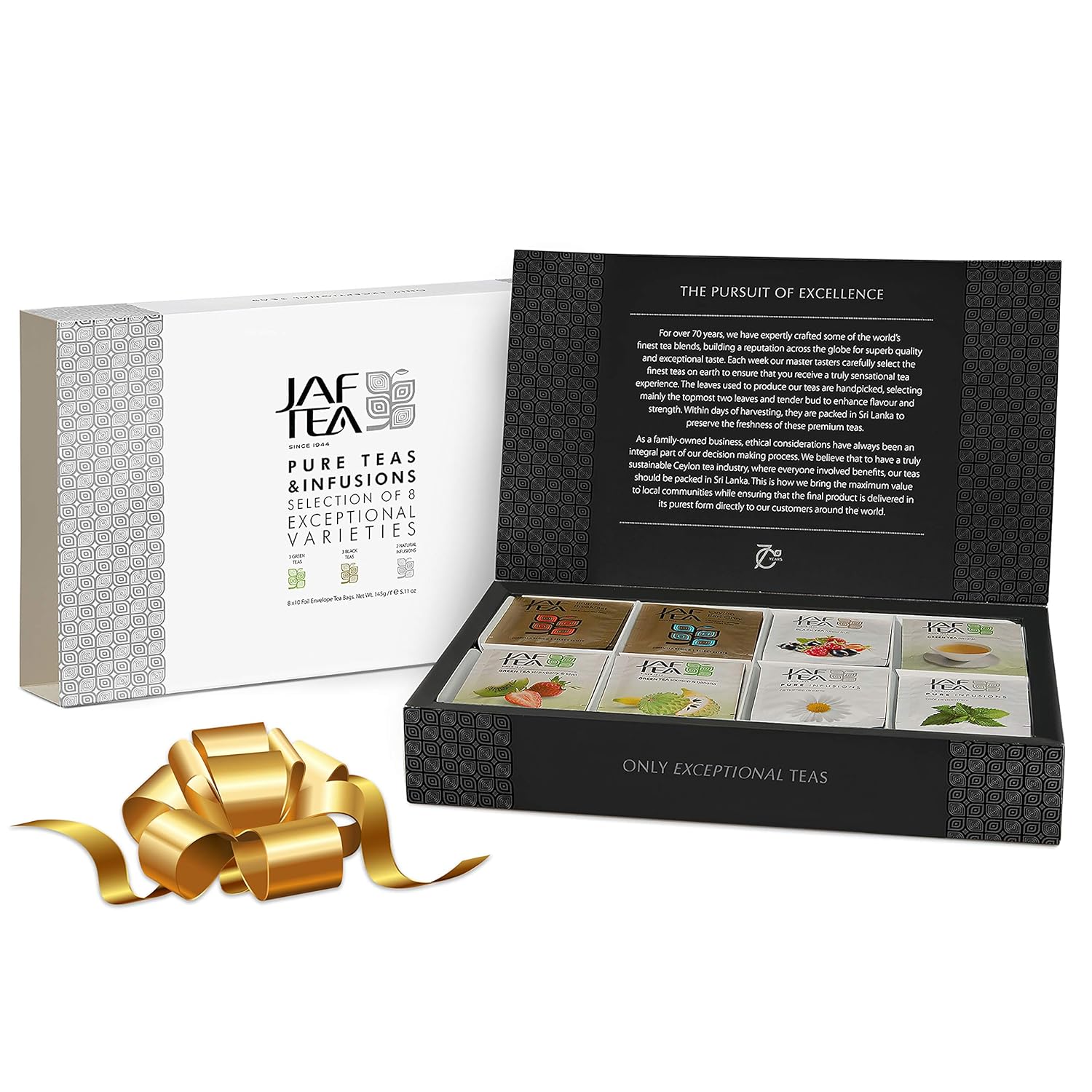 Jaf Tea - Tea Sampler Gift Set Box, 80 COUNT - 8 Tea Variety Pack - Including: Black Tea, Green Tea, Earl Grey, Fruit Teas, Peppermint Tea - 80 Tea Bags (10 of each)