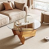 Honyee Modern Round Coffee Table, 30.7" x 30.7" x 16.1" Tempered Glass Top for Living Room, Color: Natural Wood