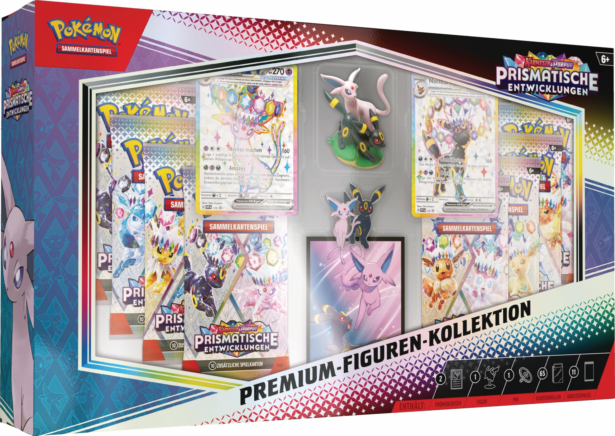Pokémon-Sammelkartenspiel: Premium-Figuren-Kollektion Karmesin & Purpur – Prismatische Entwicklungen (2 geprägte holografische Promokarten, 11 Boosterpacks & mehr)