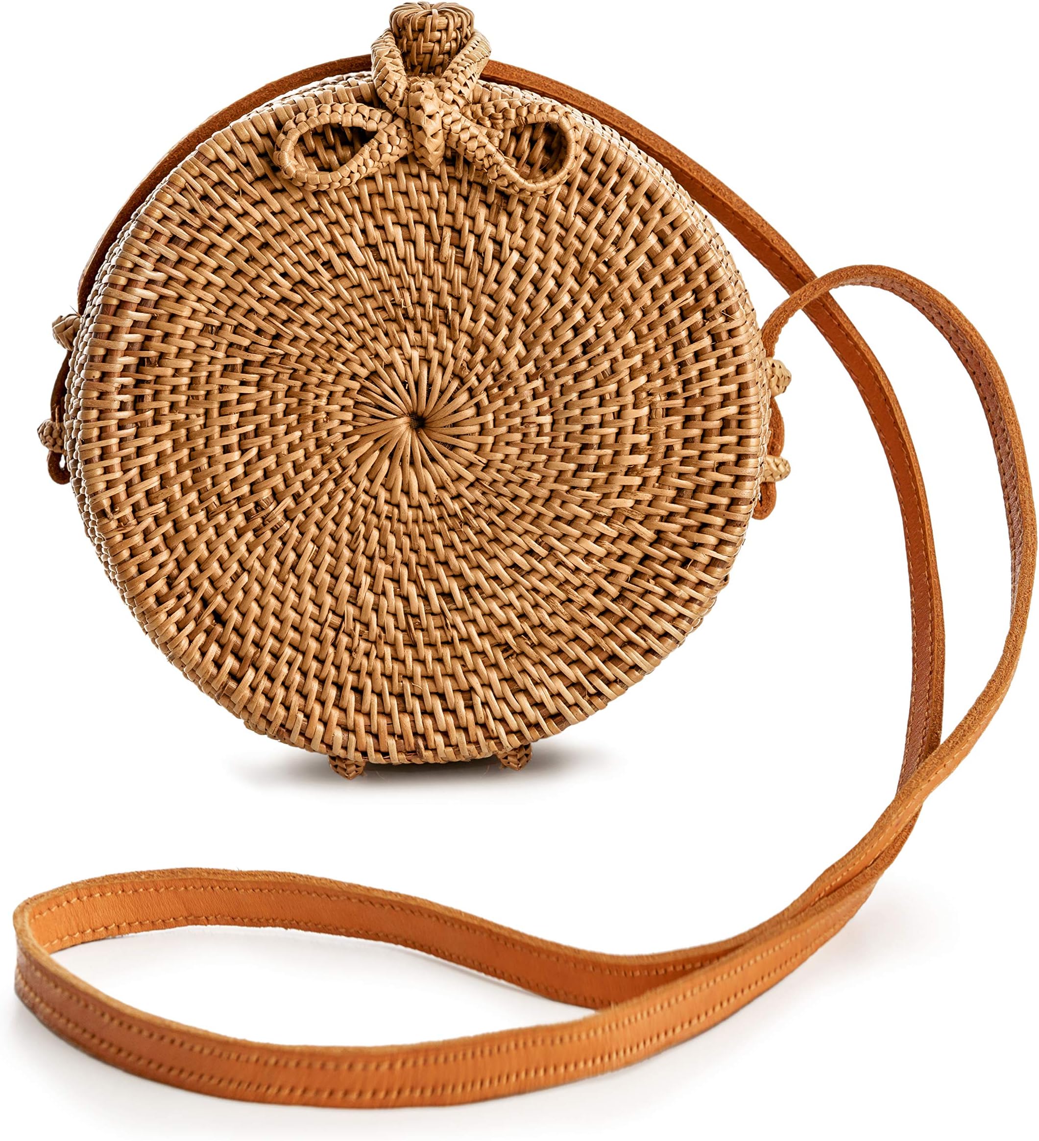 Novum CraftsRound Rattan Bag for Women - Handmade Ata Wicker Woven Purse - Circle, Square, Oval Brown Straw Boho Bags